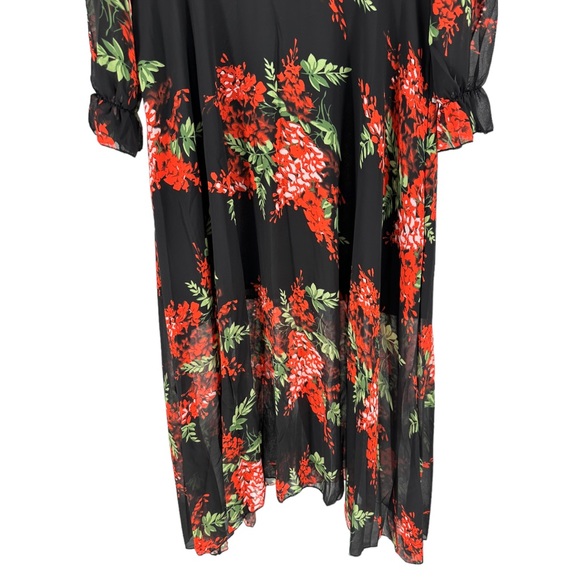 Black Red Floral Tie Bow Neck Maxi Long Dress Sheer Long Sleeve size 14 NWT - Picture 5 of 11